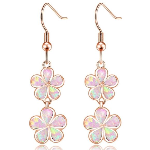 18K Rose Gold with Genuine Pink Fire Opal Double Flower Dangling Hook Earrings - Picture 1 of 5